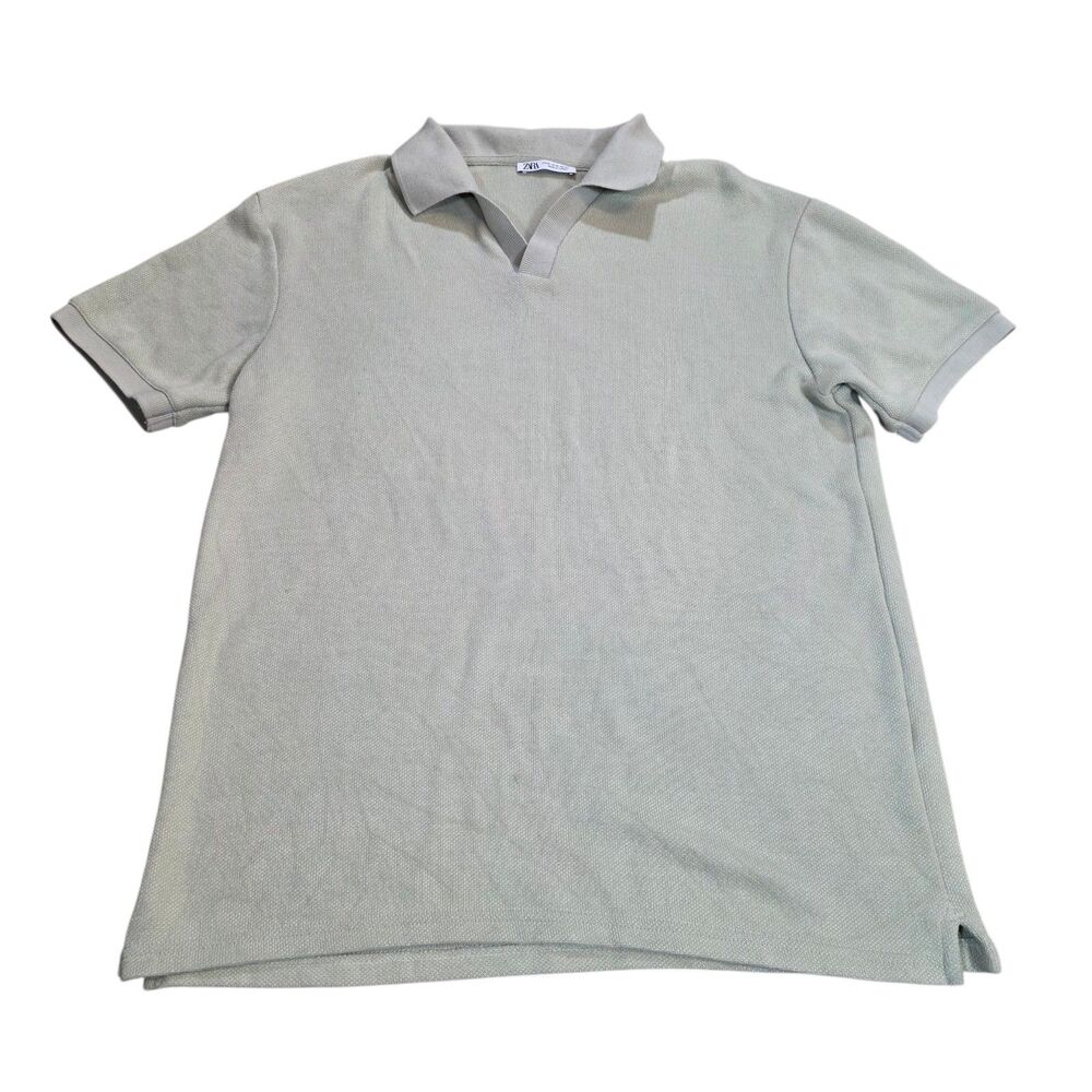Zara Man Textured Knit Polo Shirt Light Sage Green Short Sleeve Size M Retro